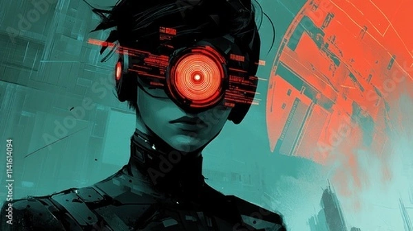 Obraz Futuristic figure with red glowing eye, technology overlay.