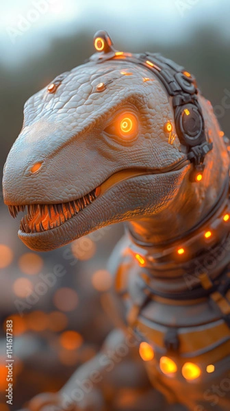 Fototapeta Futuristic dinosaur encounter virtual landscape digital art sci-fi environment close-up view adventure concept