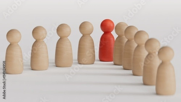 Fototapeta A 3d concept graphic depicting a red person standing out from the crowd concept. Rendered against a white background with a soft shadow and reflection to enhance the 3D.