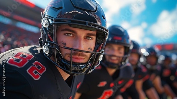 Fototapeta Sport victory championship concept. Intense football player in a black uniform focused on the game, with teammates in the background under a bright sky.