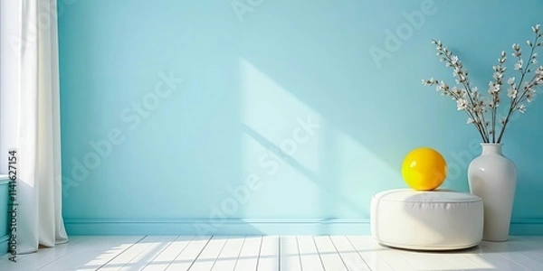 Fototapeta Serene Minimalist Room Interior Design with Bright Yellow Sphere and White Flowers