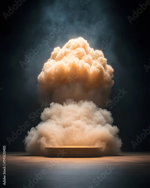 Fototapeta Dramatic explosion erupting from podium studio setting visual art dark environment close-up perspective impactful concept