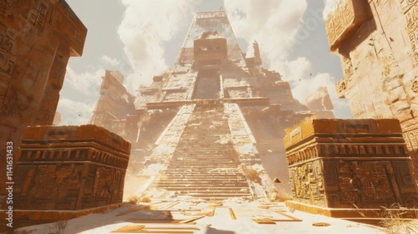Fototapeta Ancient Pyramid Ruins Illustration: Sunlit Stone Staircase
