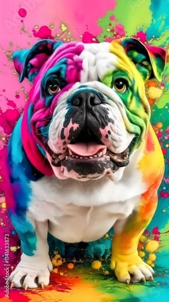 Fototapeta A cheerful bulldog crafted with alcohol inks in fuchsia, blue, and yellow hues. 