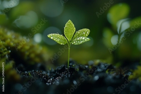 Fototapeta Little green sprout in dark soil, growth and new life concept, nature and green environment
