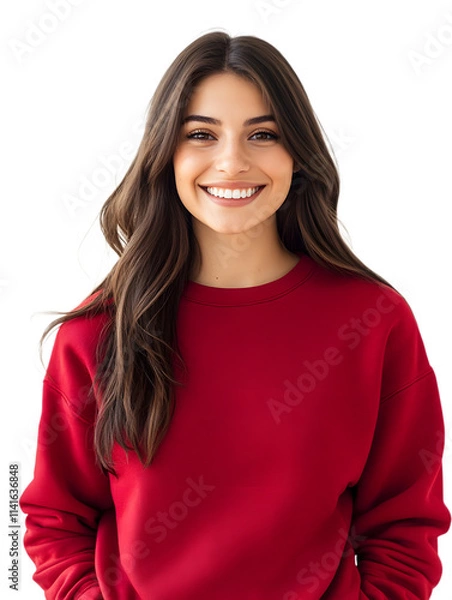 Obraz A happy, beautiful woman in a red sweatshirt, smiling at the camera, isolated on a transparent background.