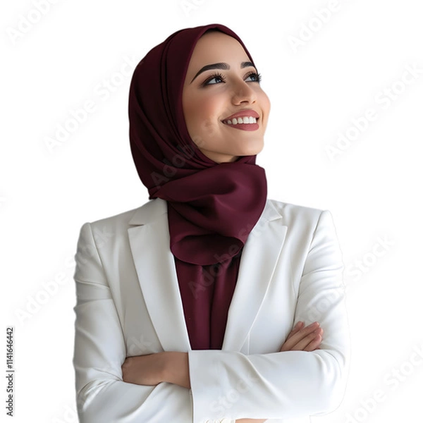 Obraz Elegant hijab-wearing businesswoman in a white blazer and burgundy scarf, smiling softly, standing on a transparent background.