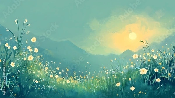 Fototapeta Fantasy landscape of plants and flowers with mountain view on background and fresh meadow grass floral themed