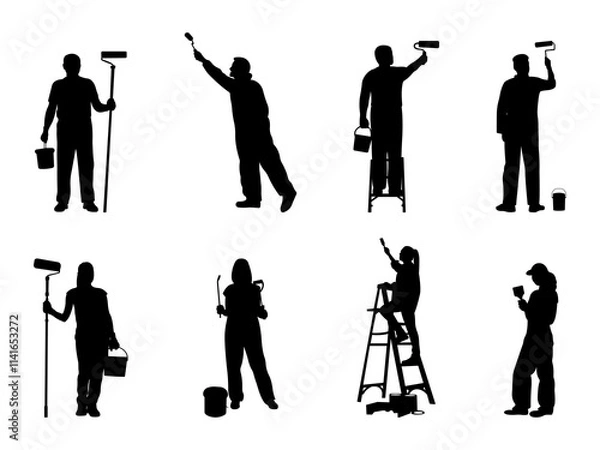 Fototapeta Set of House Painter Silhouette in various poses isolated on white background