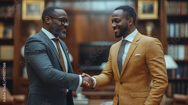 Fototapeta Two smiling businessmen shaking hands in a library.