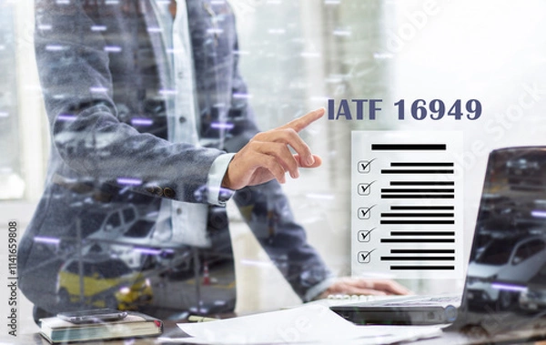 Fototapeta businessman point to IATF 16949 and document list at office desk, Automotive Quality Management System  
