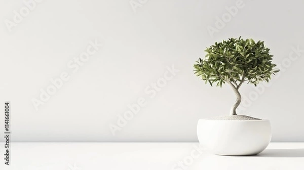 Fototapeta A small bonsai tree in a pristine white pot on a white background, highlighting minimalist design. Perfect for wellness, home or nature-inspired brands.