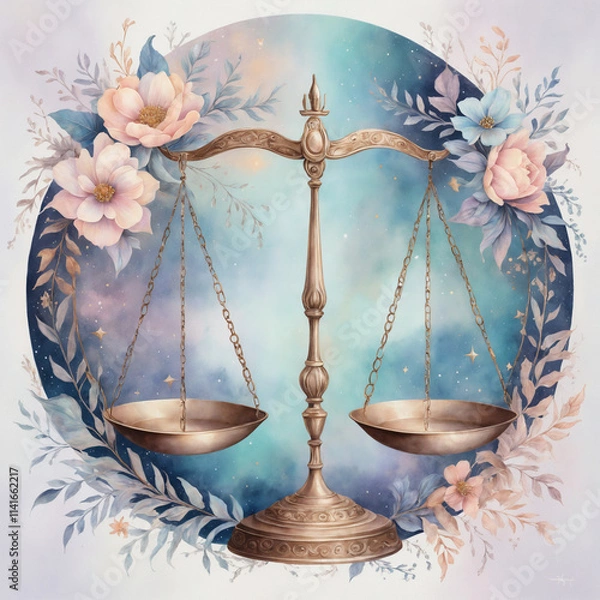 Fototapeta Libra zodiac sign with balanced scales surrounded by flowers and stars