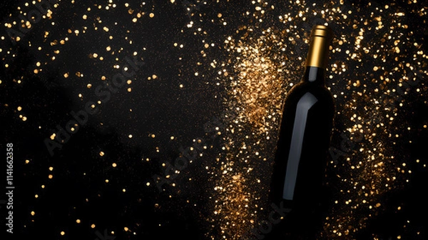 Fototapeta Black wine bottle with gold glitter background