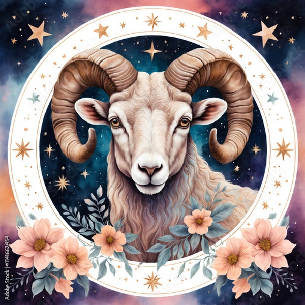 Fototapeta Aries zodiac sign with ram surrounded by flowers and celestial stars