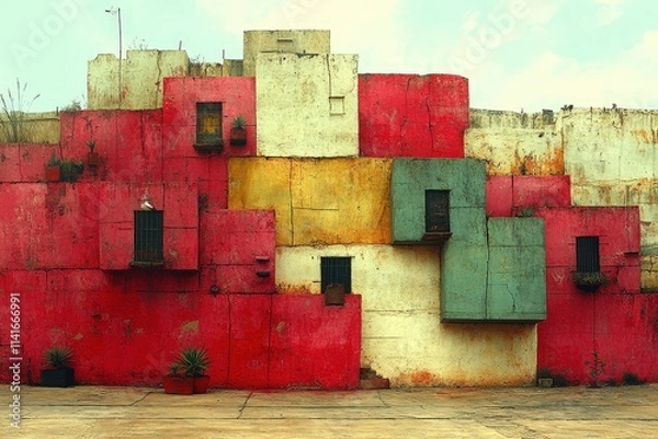 Fototapeta Colorful urban wall art featuring vibrant red, yellow, and teal geometric designs, adorned with small plants, creating a lively atmosphere.