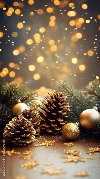 Fototapeta A festive arrangement with pinecones and ornaments, creating a warm holiday ambiance.