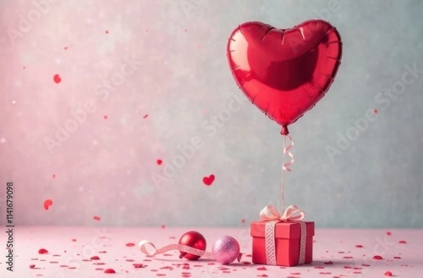 Obraz Close-up of a heart-shaped balloon, soft pastel background, surrounded by confetti, a small gift box. Space for text