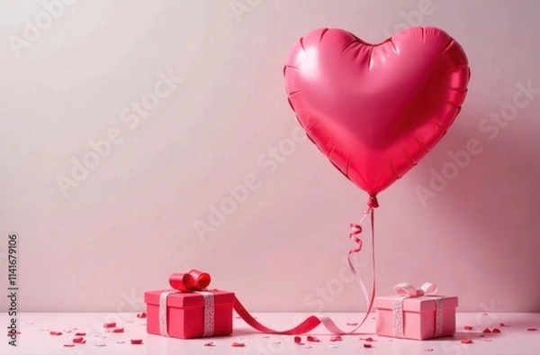 Obraz Close-up of a heart-shaped balloon, soft pastel background, surrounded by confetti, small gift boxes. Space for text