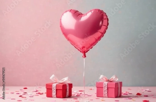 Obraz Close-up of a heart-shaped balloon, soft pastel background, surrounded by confetti, small gift boxes. Space for text