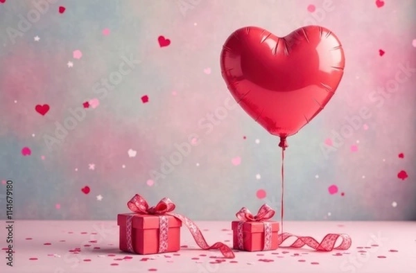 Obraz Close-up of a heart-shaped balloon, soft pastel background, surrounded by confetti, small gift boxes. Space for text