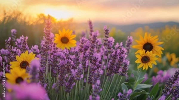 Obraz A garden of blooming lavender and sunflowers under a clear sky, with vibrant purples and yellows stretching into the horizon