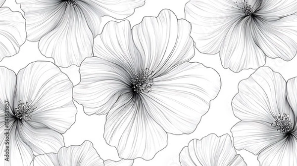 Fototapeta Delicately drawn floral vector art repeating pattern white background. AI Generated