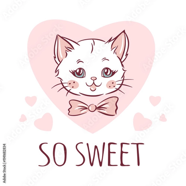Fototapeta Hand drawn illustration of a cute cat face with a bow and hearts in a soft color scheme