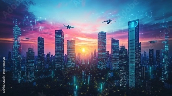 Fototapeta Futuristic Cityscape at Sunset with Drones and Digital Details