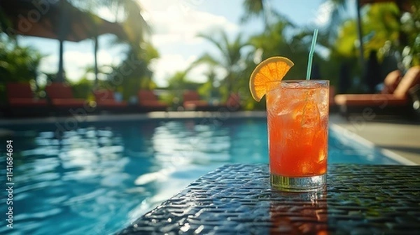Fototapeta poolside scene with a refreshing drink on a table, surrounded by lounge chairs and tropical plants