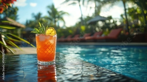 Obraz poolside scene with a refreshing drink on a table, surrounded by lounge chairs and tropical plants