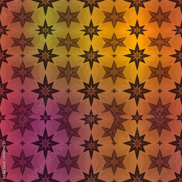 Fototapeta Cosmic Starburst Pattern: A mesmerizing seamless texture featuring intricate star motifs in warm, autumnal hues. Perfect for backgrounds, textiles, and decorative design projects.