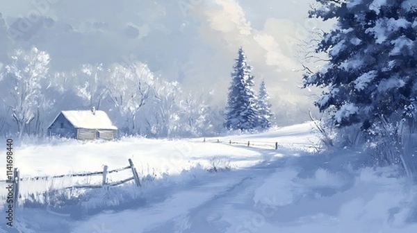 Fototapeta Snowy winter morning with a peaceful landscape and snow-covered trees 