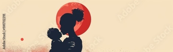 Obraz silhouette of an African American mother holding her baby, against the backdrop of a red moon