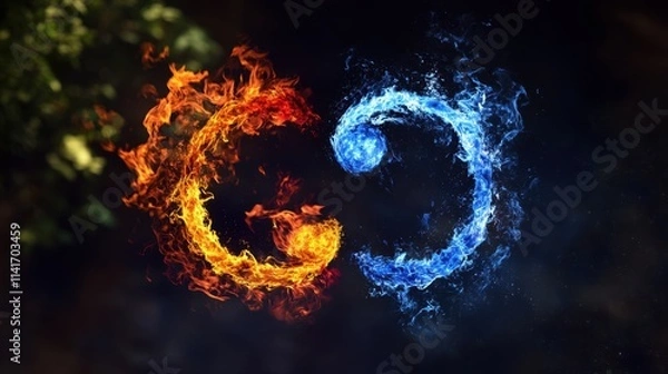 Fototapeta Elemental Circle: A Powerful Composition of Earth, Wind, Fire, and Water on a Dark Background