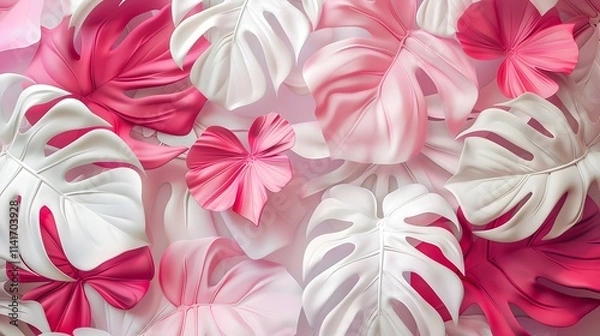 Fototapeta A vibrant arrangement of pink and white tropical leaves creating a decorative pattern.