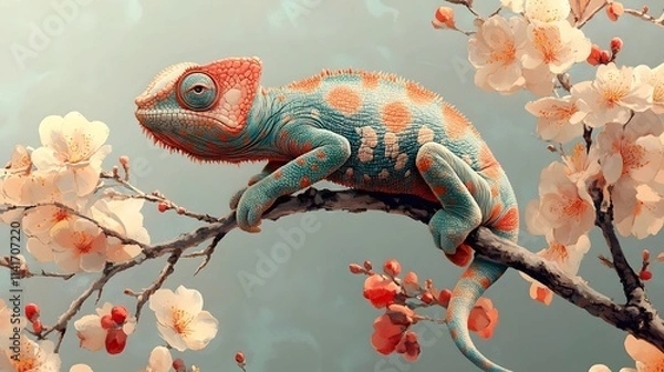 Fototapeta A colorful chameleon is perched on a branch of a cherry blossom tree