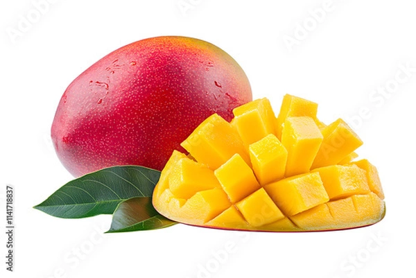 Fototapeta Freshly cut mango with leaves isolated on transparent background