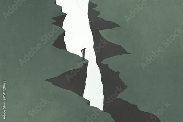 Obraz illustration of doubtful man thinks whether to jump to the other side of the mountain, dilemma concept