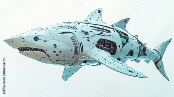 Fototapeta Futuristic robotic shark with visible inner mechanisms.