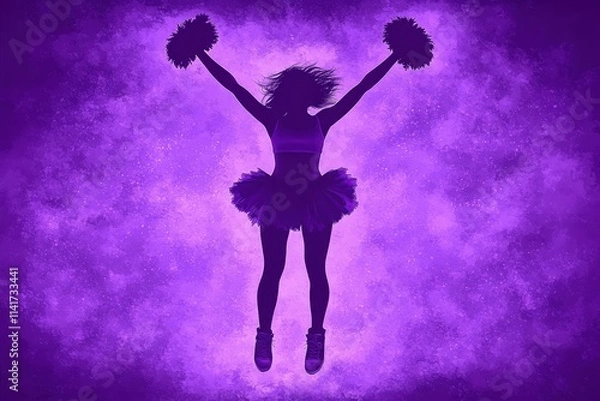 Fototapeta A dynamic silhouette of a female cheerleader, joyful and energetic, jumping against a vibrant purple background with pom-poms raised high.