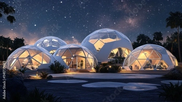 Obraz Futuristic dome houses at night under a starry sky.