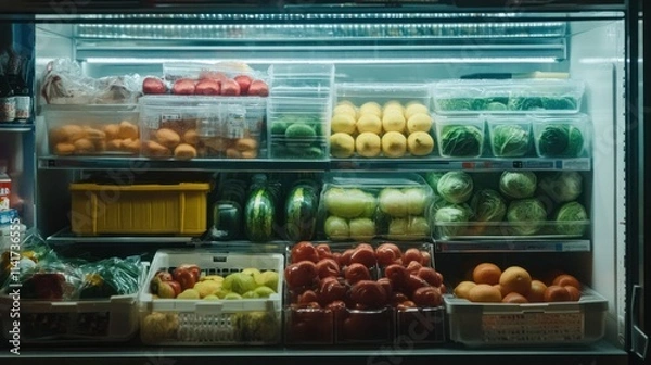 Fototapeta Refrigerated produce display with various fruits and vegetables.