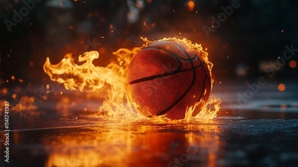 Fototapeta Flaming basketball on wet court, fiery trails, intense action.
