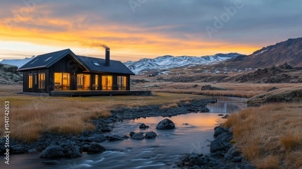 Fototapeta Surrounded by the stunning landscapes of Iceland, a charming black cabin stands by a tranquil river. The golden sunset casts a warm glow, contrasting beautifully with snow-capped mountains