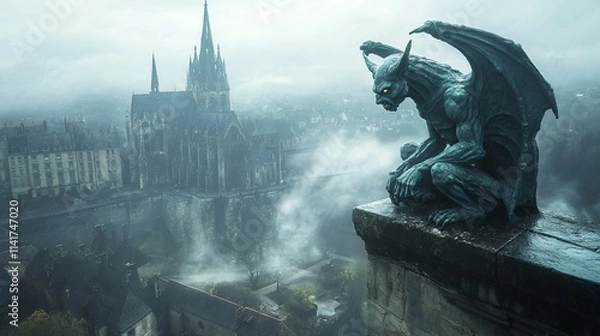 Fototapeta A terrifying gargoyle monster demon sitting on the top of a gothic castle under a thunderstorm