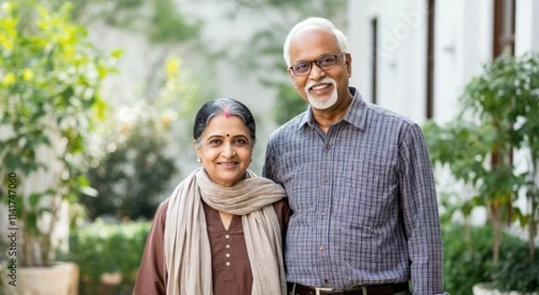 Fototapeta Senior indian couple smiling in a garden setting for family and lifestyle concepts