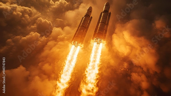 Fototapeta Close-up view of spacecraft engine thrusters firing during a space mission, showcasing the powerful propulsion system and the dynamic force propelling the spacecraft forward, highlighting advanced aer