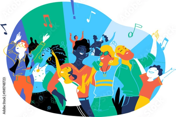 Fototapeta Group of people of different ages is happy to be together dancing and celebrating a special event. Happy family enjoy concert, music festival, party, show, performance, recital. Vector illustration
