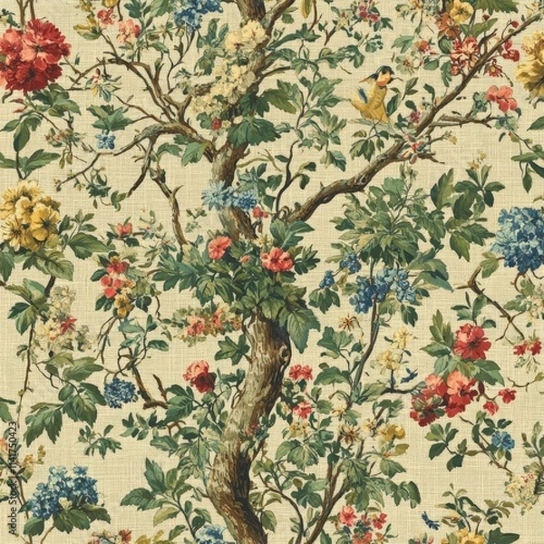 Fototapeta A vibrant floral pattern featuring colorful blossoms and a small bird perched on a tree branch, creating a lively, nature-inspired design.